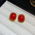 Vintage red oval cabochon stud earrings with textured gold rope border for elegant fashion - Vintage Oval Style (70#) / Red