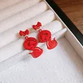 Red cartoon snake dangle earrings with matte bow stud detail on a jewelry tray - Snake Bowknot Style (72#) / Red