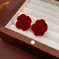Elegant red flocked flower stud earrings with a vintage velvet finish - Flocking Flower Style (73#) / Red