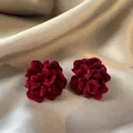 Vintage deep red flocked flower stud earrings with elegant velvet texture for autumn winter - 3D Petals Style (51#) / Red