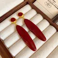 Elegant retro red drip oil long drop earrings with gold-toned studs in jewelry box - Long Oval Enamel Style (52#) / Gold-Red