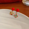 Festive red flocked earrings featuring traditional lion dance and fortune character charms - Asymmetric Lion Dance & Fa Character Style (57#) / Gold-Red