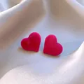 Fuchsia pink flocked heart shaped stud earrings with fuzzy texture on silk background - Flocking Heart Style (64#) / Rose Red