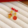Asymmetric red flocked bow earrings featuring gold God of Wealth and prosperity plaque - God of Wealth Bowknot Style (60#) / Red-Gold