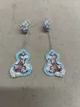 Silver needle flower gourd tassel earrings with pink and turquoise zircon stones - Silver Earring Post - Silver - Blue