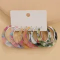 Set of retro C-shaped acetate hoop earrings with colorful marbled patterns on white display card - Colorful / Set of 6 / Silver
