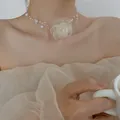 Charming white organza rose flower pearl choker necklace for an elegant aesthetic - Style 50 Necklace