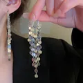 Orecchini lunghi con nappe di paillettes argento metallizzato dal design minimalista. - Stile Cerchio con Nappine di Paillettes / Stile cerchio / Argento
