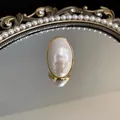 Elegant gold-plated oval pearl stud earring with minimalist fashion aesthetic for women - White (Gold Plated)