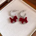 Silver earrings with red velvet rocking horse charms and zircon accents - 48# (Flocked Horse Pendant-Silver Post) / Silver-Red