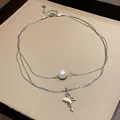 Collana a doppio strato in argento con perla e ciondolo a farfalla in zirconi - 12# Stile Farfalla Strass Argento Doppio Strato