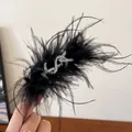 Elegant black feather hair claw clip with sparkling rhinestone letter decoration - Black Feather Letter Style