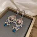 Elegant vintage palace style teardrop dangle earrings with colorful rhinestones set - Fan Shaped Water Drop Style (HE17054)