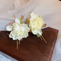 Macro view of elegant cream fabric flower earrings with gold-toned metal stems - Leaf C-Shape (18#) / Silver Earring Post Style / White