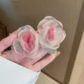 Close-up of elegant handmade pink mesh rose earrings with sweet Mori style details - Flower Earring (19#) / Silver Earring Post Style / Pink