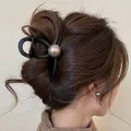 Pince à cheveux crabe noire mate vintage française avec décoration de perle métallique - Noir Mat Petite Perle