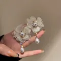 Sweet dopamine mesh flower earrings in cream white with pearl drops, dainty floral jewelry. - Flower Rhinestone (11#) / Silver Earring Post Style / White