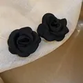 Elegant black fabric rose flower stud earrings for a vintage and sophisticated look. - Vintage Rose (35#) / Silver Earring Post Style / Black