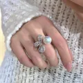 Elegante anello retrò francese regolabile con fiocco di strass e dettaglio di perla bianca - Stile Fiocco con Perla Artificiale Grande
