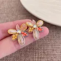 Handcrafted French retro style flower stud earrings with colorful crystals and beaded details - Yellow Flower Style (10#) / 925 Silver Needle