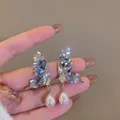 Exquisite butterfly stud earrings with shimmering blue crystals and white pearl drops - Silver Butterfly Pearl Style (4#) / 925 Silver Needle
