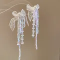 Boucles d'oreilles pompons perlées pastel avec nœud en dentelle et grande perle - Gland Perlé Tricolore à Nœud en Dentelle (20#)