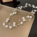 Mehrlagige Perlenkette im französischen Stil mit eleganter Goldkette und weißen Perlen - 39# Halskette Mehrlagige Rhythmische Perle