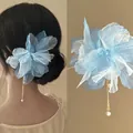 Épingle à cheveux élégante fleur en organza bleu avec pompon perle style chinois. - 2# Pic à Cheveux / Bleu