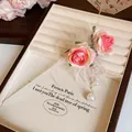 Elegant pink rose flower hair pin with pearl tassels for women's graceful hair styling - 14# Hair Stick / Pink-White