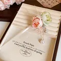 Elegant vintage floral pearl hairpin with pink and green fabric roses in a jewelry tray - 16# Hair Stick / Pink-Green