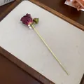 Elegant New Chinese style hair stick featuring a real dried red rose and white pearls - 25# Hair Stick / Gold-Red