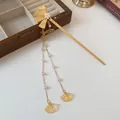 Elegant golden ginkgo leaf hairpin with white flower and long pearl tassels for women - 36# Hair Stick / Gold