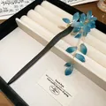 Handmade vintage blue floral hair stick with elegant dangling tassels for women - 40# Hair Stick / Black-Blue