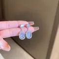 Primo piano di eleganti orecchini a pendente in argento con scintillanti zirconi cubici - Stile Ciondolo Ovale / Argento