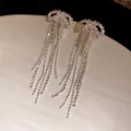 Close-up detail of silver-colored bowknot earrings featuring shimmering zircon tassel drops - Bow Tassel / Silver
