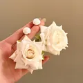 Elegant cream white fabric rose drop earrings for a chic summer beach vacation style - White Rose Floral Drop Style (17#)