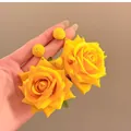 Hand-held large yellow raffia flower drop earrings with silver needle - Orange-Yellow Woven Rose Style (18#)