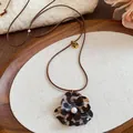 Elegant leopard print flower pendant necklace with white pearl and brown cord for women - Leopard Flower Style (37#) / Black