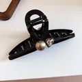 Close-up of black French style hair claw clip with pearl and heart crystal detail - 11# Claw Clip - Black Heart Pearl