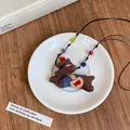 Handmade fabric brown bear pendant necklace with colorful beads on black cord - Corduroy Animal Shape (4#) / Brown-Puppy