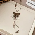 Elegant vintage sweet brown butterfly pendant necklace with translucent beads on a cord - 23# Necklace-Coffee