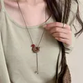 Sweet wooden flower apple pendant necklace with red bead on brown cord - 32# Necklace - Brown