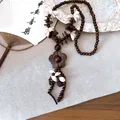 Handmade bohemian wooden beaded necklace with natural shell accents and flower pendant charm - 31# Necklace - Brown - Flower