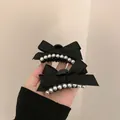 Elegant French style black fabric bow hair claw clip with pearl accents for women accessory - 30# Claw Clip - Black Bow Pearl Single