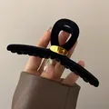 Elegant French style black velvet hair claw clip with gold metal accent for women - 32# Grip Clip - Black Flocked Oval