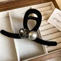 Elegant French style black velvet hair claw clip with pearl and heart crystal decor - 35# Claw Clip - Black With Diamond-studded Heart And Pearl