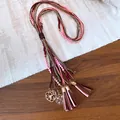 Bohemian multi-strand necklace with pink acrylic beads, brown fringe tassels and heart pendant - Necklace #14 - Pink - Multicolored