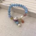 Bracelet fait main en perles bleues avec chat porte-bonheur, perles et médaille or - 11# Style Chat de la Fortune Bleu