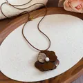 Elegant brown resin flower pendant sweater chain necklace with white pearl and rhinestone - Necklace #36 - Dark Brown