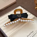 Elegant French style hair claw clip featuring black ribbon bow with pearls and heart - 10# Grip Clamp - Brown